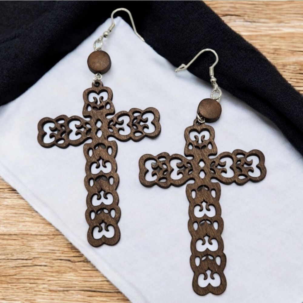 Large Ornate Wooden Cross Earrings Christian Prayer Pendant Religious Jewelry